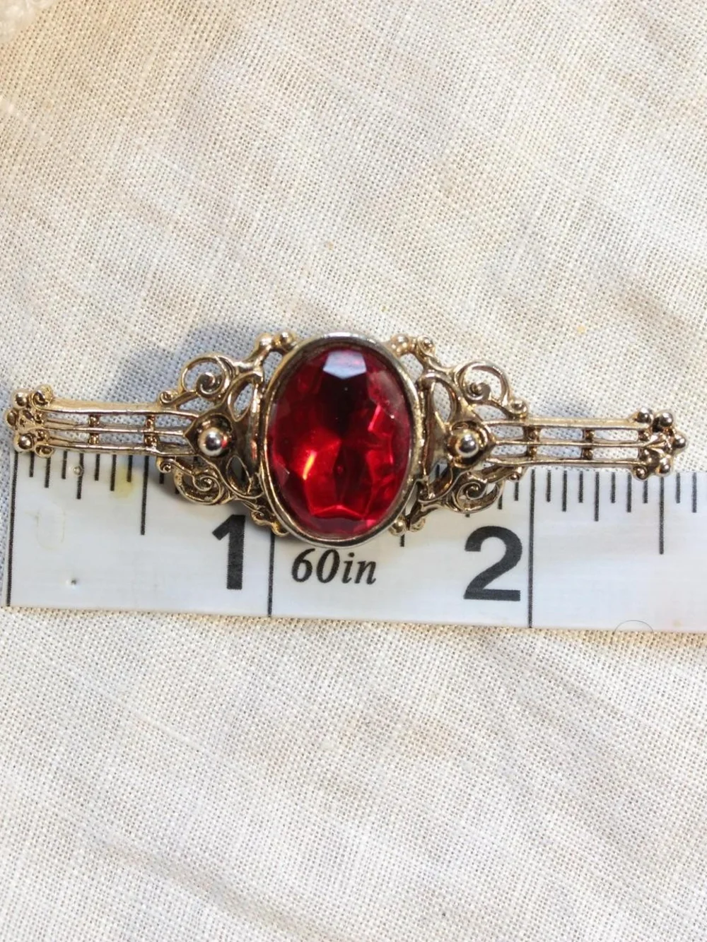 Victorian Style Ornate Gold Red Glass Stone Brooch